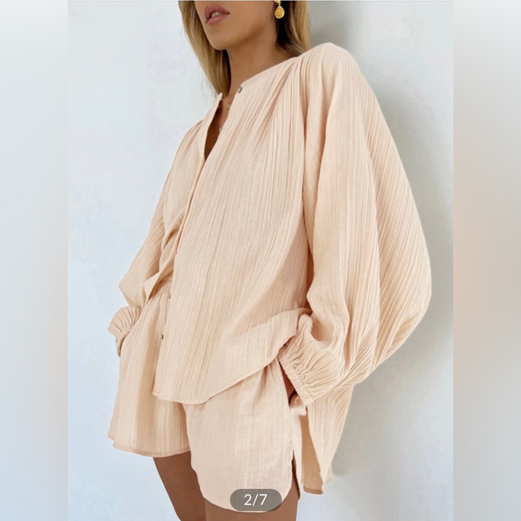 Commense Santorini Textured Two Piece Shorts Set Small Apricot
